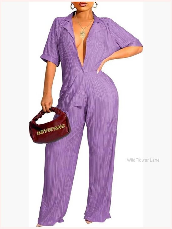Pants - Casual Pleated 2 Piece Outfit Short Sleeve Button Down Shirt Wide Leg Pants Set